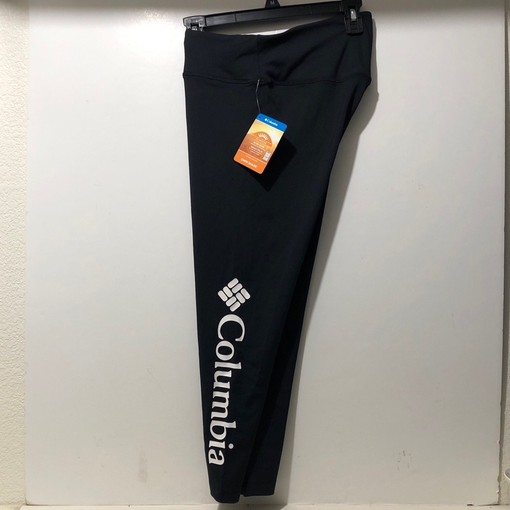 Columbia Leggings Women M Black Ankle Crop Spell Logo Wide Waistband Fitness